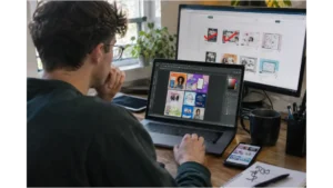 American entrepreneur creating digital templates with Canva AI