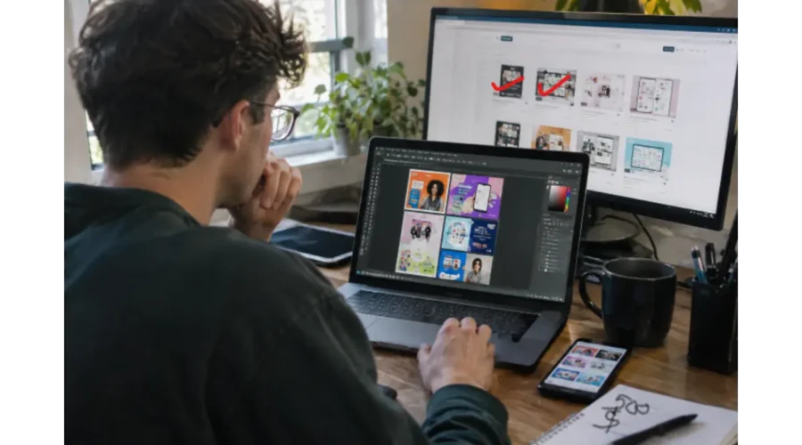 American entrepreneur creating digital templates with Canva AI