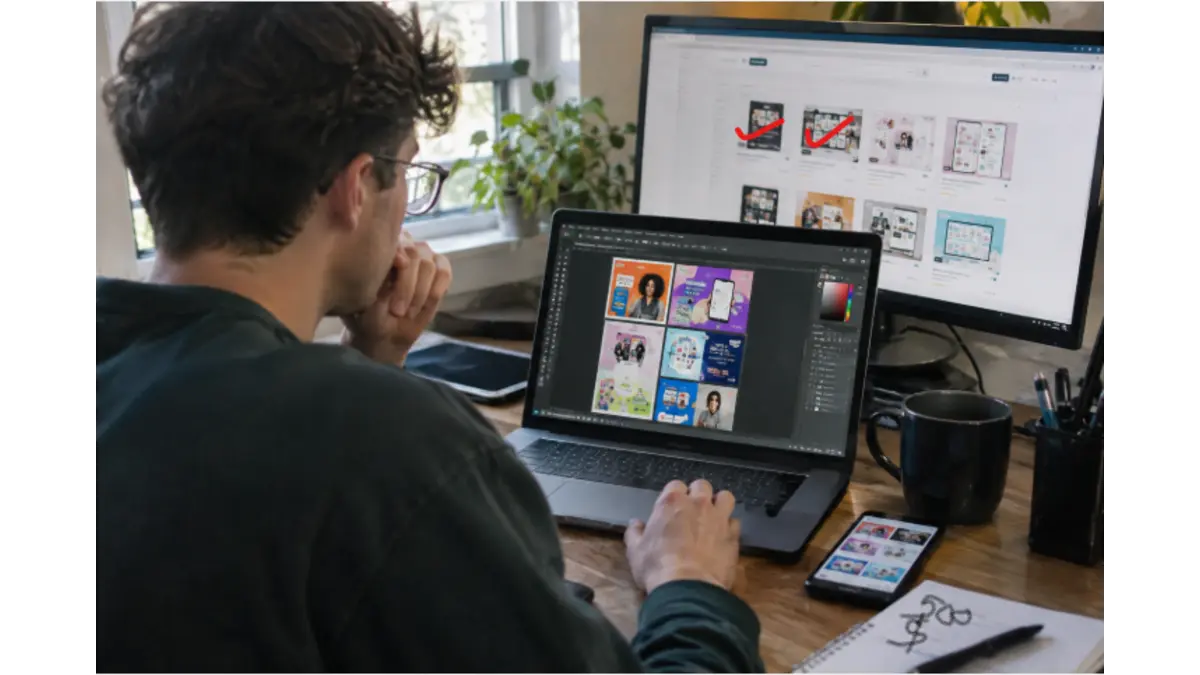 American entrepreneur creating digital templates with Canva AI