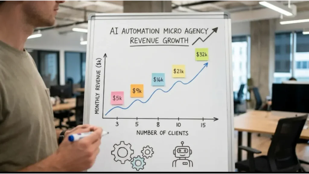 AI automation micro agency revenue growth chart showing 3, 5, 8, 10 and 15 clients