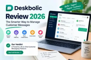 Deskbolic review 2026 showing customer messaging inbox, AI features, and team collaboration