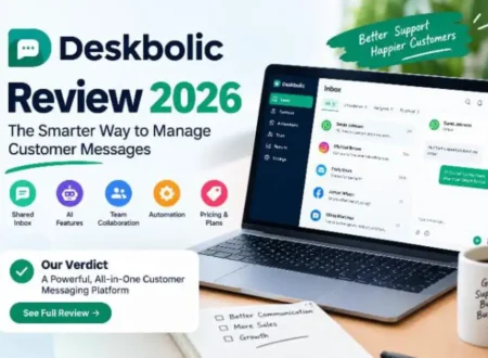 Deskbolic review 2026 showing customer messaging inbox, AI features, and team collaboration