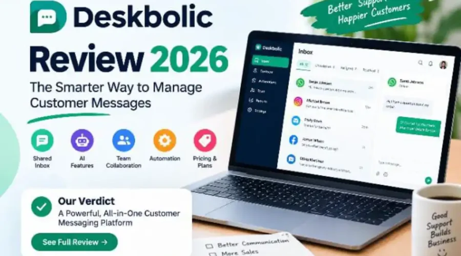 Deskbolic review 2026 showing customer messaging inbox, AI features, and team collaboration