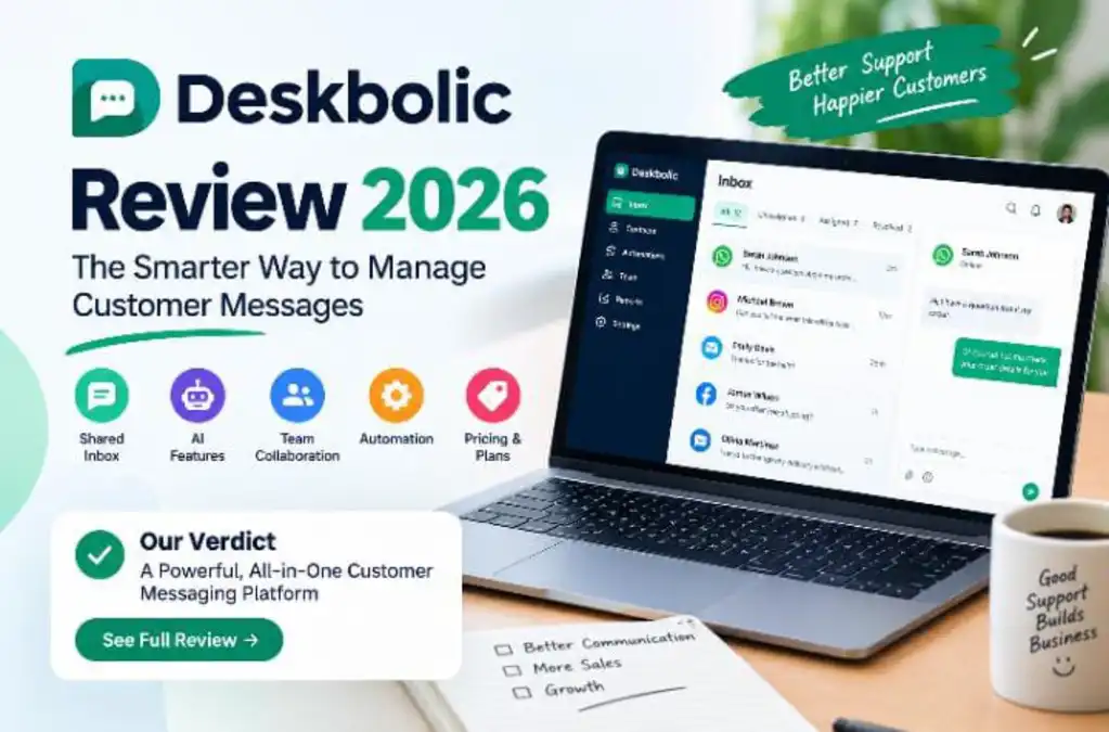 Deskbolic review 2026 showing customer messaging inbox, AI features, and team collaboration